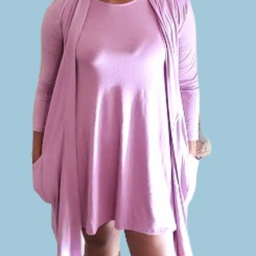Dk Mauve Dress & Cardigan Set